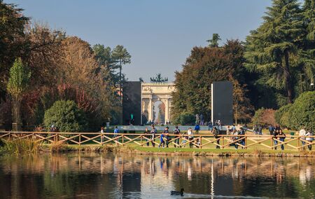 Milan, Italy - November 03, 2017 : view of Sempione Park where tourists walk a beautiful autumn dayのeditorial素材