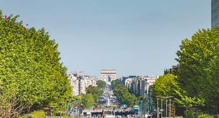 Paris, France - May 09, 2017 : view of Paris and the Arc de Triomphe from the Defense business district in the springのeditorial素材