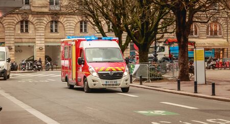 Bordeaux, France - January 26, 2018 : firefighter ambulance driving fast on a street in Bordeaux on...