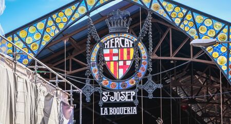 Barcelona, Spain - June 20, 2017 : view of the facade on a summer day of the famous La Boqueria market which is located on a street adjacent to La Ramblaのeditorial素材