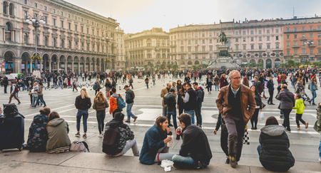 Milan, Italy - November 2, 2017 : street atmosphere in the main square of Duomo where people are walking on a fall dayのeditorial素材