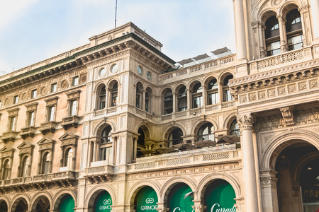 Milan, Italy - November 2, 2017: Architectural detail of the Galleria Vittorio Emanuele II on a fall day. A prestigious shopping gallery located near Milan Cathedral, built by architect Giuseppe Mengoni from 1867 to 1878のeditorial素材