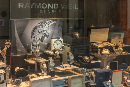 Badenweiler, Germany - December 24, 2017: Detail of the showcase of a watchmaking jewelery in the city center on a winter dayのeditorial素材