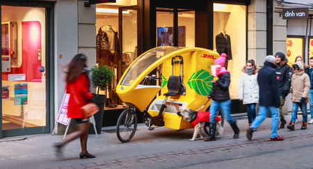 Strasbourg, France - December 28, 2017: delivery rickshaw parked in a pedestrian street in the city...