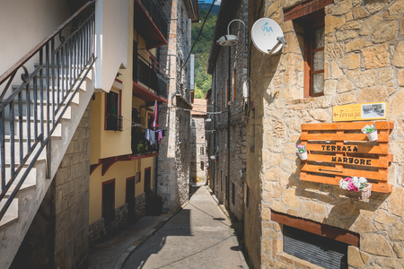 bielsa, spain - August 21, 2018: typical house architecture detail of this town where people walk on...