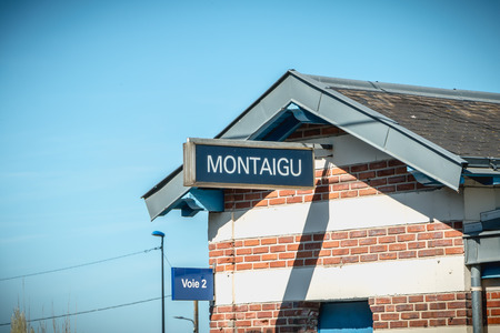 Montaigu, France - August 2, 2018: Architectural detail of the small Montaigu train station on a summer dayのeditorial素材
