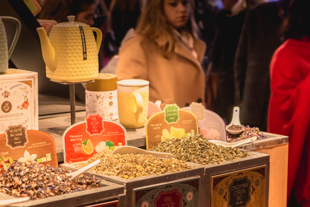 Mulhouse, France - December 23, 2017: Traditional Christmas hand-made food in expostion in a Christmas tree wooden chalet on a winter dayのeditorial素材