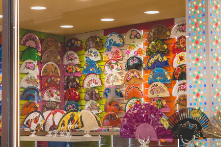 Toledo, Spain - April 28, 2018 - front of a multicolor fan shop in the historic center, symbol of Spanish cultureのeditorial素材