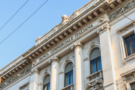 Milan, Italy - November 3, 2017: detail of the facade of the Italian commercial bank near the scala square in the center of Milanのeditorial素材