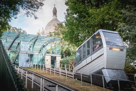 Paris, France - October 6, 2018: view of the funicular of Montmartre which allows to climb to the top of the hill Montmartre and to access the basilica of the Sacred Heartのeditorial素材
