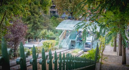 Paris, France - October 6, 2018: view of the funicular of Montmartre which allows to climb to the top of the hill Montmartre and to access the basilica of the Sacred Heartのeditorial素材