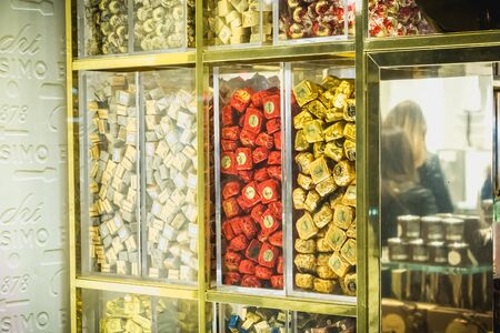 Milan, Italy - November 2, 2017: Showcase of the famous chocolate artisan Venchi in downtown Milan where chocolates are displayed on a fall dayのeditorial素材