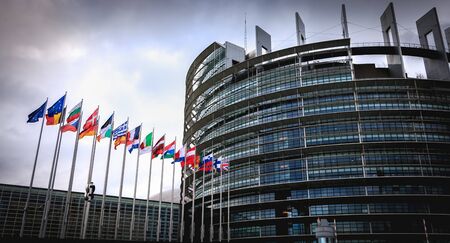 Strasbourg, France - December 28, 2017 - Architectural detail of the European Parliament on a winter...