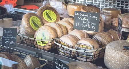 Saint Lary Soulan, France - August 20, 2018 : Showcase of a small cheese merchant on a mountain...