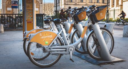 Montpellier, France - January 2, 2019: Velomagg bike sharing city bikes for rental in Montpellier. Bike sharing is a popular city transportのeditorial素材