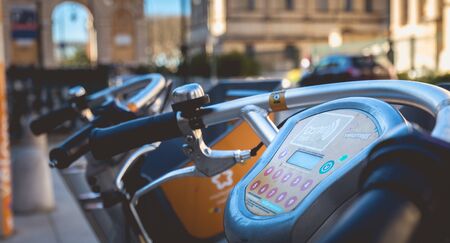 Montpellier, France - January 2, 2019: Velomagg bike sharing city bikes for rental in Montpellier....