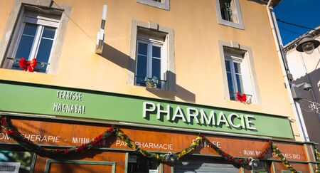 Marseillan, France - December 30, 2018: front of a pharmacy in the city center on a winter dayのeditorial素材