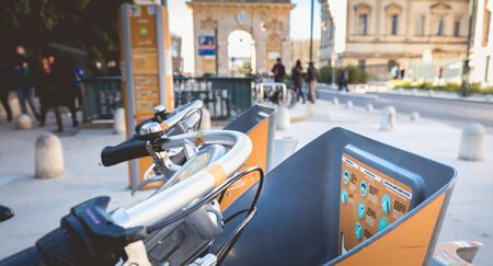 Montpellier, France - January 2, 2019: Velomagg bike sharing city bikes for rental in Montpellier. Bike sharing is a popular city transportのeditorial素材