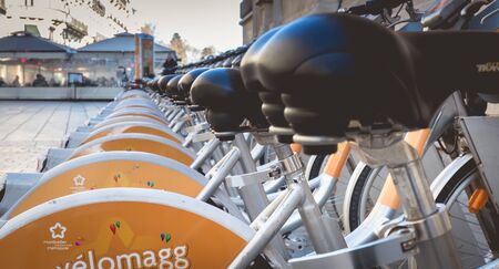Montpellier, France - January 2, 2019: Velomagg bike sharing city bikes for rental in Montpellier. Bike sharing is a popular city transportのeditorial素材