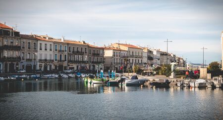 Sete, France - January 4, 2019: view of the marina in the city center where pleasure boats are parked on a winter dayのeditorial素材