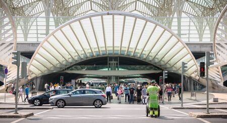 Lisbon, Portugal - May 7, 2018: Architecture detail and street atmosphere in front of the Lisbon Oriente train station on a spring dayのeditorial素材