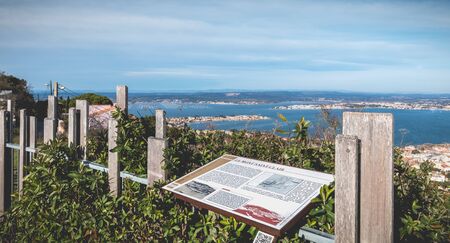 Sete, France - January 4, 2019: tourist plaque telling the story of Mont Saint Clair on the height of the city on a winter dayのeditorial素材