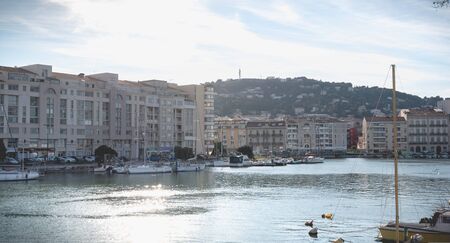 Sete, France - January 4, 2019: view of the marina in the city center where pleasure boats are parked on a winter dayのeditorial素材