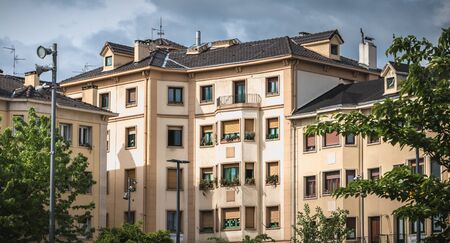 Irun, Spain - April 27, 2018: Typical residential building architecture of the city center on a...