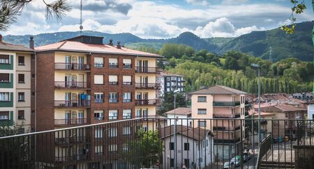 Irun, Spain - April 27, 2018: Typical residential building architecture of the city center on a spring dayのeditorial素材