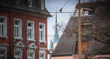Freiburg im Breisgau, Germany - December 31, 2017: details of buildings with typical architecture of the historic city center on a winter dayのeditorial素材
