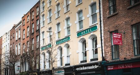 Dublin, Ireland - February 11, 2019: Architecture detail and street atmosphere in a shopping street...