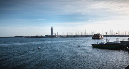 Sete, France - January 4, 2019: Architecture detail of Port Saint Louis lighthouse on a winter dayのeditorial素材