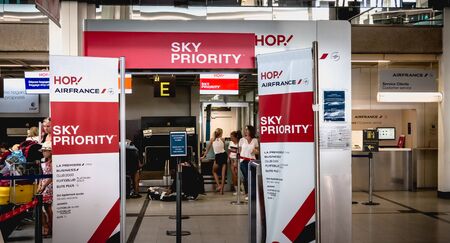 Nantes, France - August 7, 2018: Inside view of Nantes Atlantique International Airport ticket...