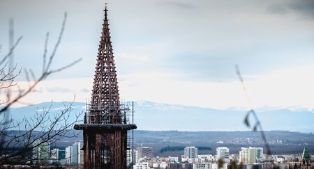 Freiburg im Breisgau, Germany - December 31, 2017 aerial view of the city center with the clock tower of the Freiburg Munster cathedral on a winter dayのeditorial素材