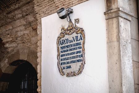 Faro, Portugal - May 1, 2018: Architectural detail of the arch of the city on a spring day, a medieval gatewayのeditorial素材
