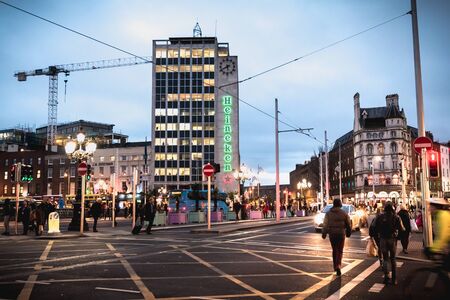 Dublin, Ireland - February 12, 2019: Night street atmosphere in the streets of the historic center...