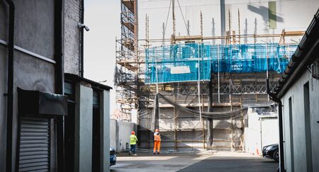 Dublin, Ireland - February 11, 2019: Renovation project of a building in the city center on a winter...