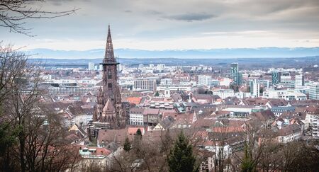 Freiburg im Breisgau, Germany - December 31, 2017 aerial view of the city center with the clock tower of the Freiburg Munster cathedral on a winter dayのeditorial素材