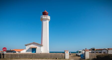 Port Joinville, France - September 17, 2018 - Architectural detail of the Corbeaux Marine Lighthouse on a summer dayのeditorial素材