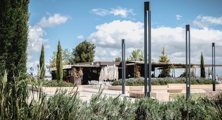 Toledo, Spain - April 28, 2018 - Architectural detail of a cafe and its terrace with a view of the...