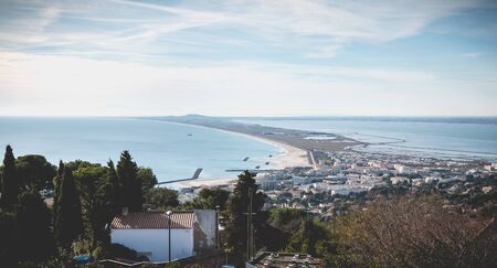 Sete, France - January 4, 2019: view of the heights of Sete with its marine port, the oyster and mussel farms on a winter dayのeditorial素材