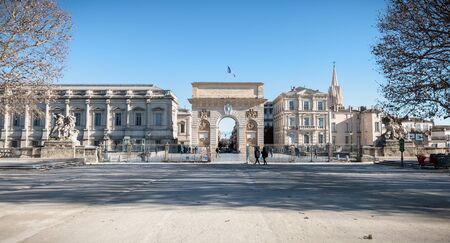 Montpellier, France - January 2, 2019: Architecture detail of the Arc de Triomphe and its street atmosphere on a winter dayのeditorial素材
