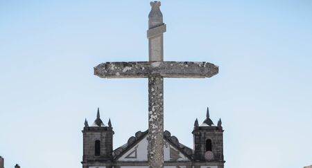 Cape Espichel near Sesimbra, Portugal - August 8, 2018: Architectural detail of the Cape Espichel sanctuary on a summer day. The Baroque church is built between 1701 and 1707 in memory of the Holy Mary in 1410のeditorial素材