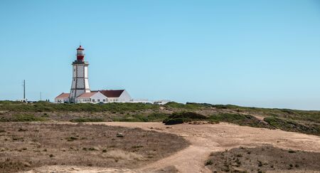 Sesimbra, Portugal - August 8, 2018: architectural detail of the Cape Espichel Lighthouse. Managed...