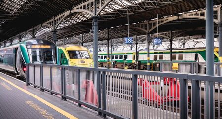 Dublin, Ireland - February 13, 2019: Train access platform at Heuston station where trains are parked on a winter dayのeditorial素材