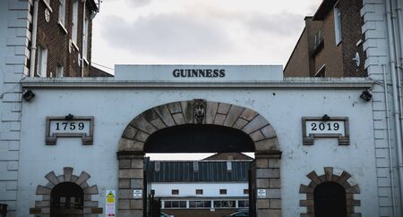 Dublin, Ireland - February 13, 2019: View of the Guiness Distillery storefront in the historic city...