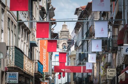 Braga, Portugal - May 23, 2018: View of a street in the historic city center decorated for the city festival Braga Romana on a spring dayのeditorial素材