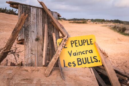 Bretignolles sur Mer, France - October 9, 2019: The People will defeat the buldozer in French on a protest zone in a ZAD (Acronym of Zone to Defend) against the construction of the boat harborのeditorial素材