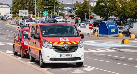 Nantes, France - August 7, 2018: fire truck on the car park of Nantes international airport on a...