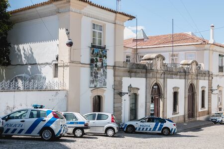 Evora, Portugal - May 5, 2018: view of the small police station neighborhood next to the cathedral...